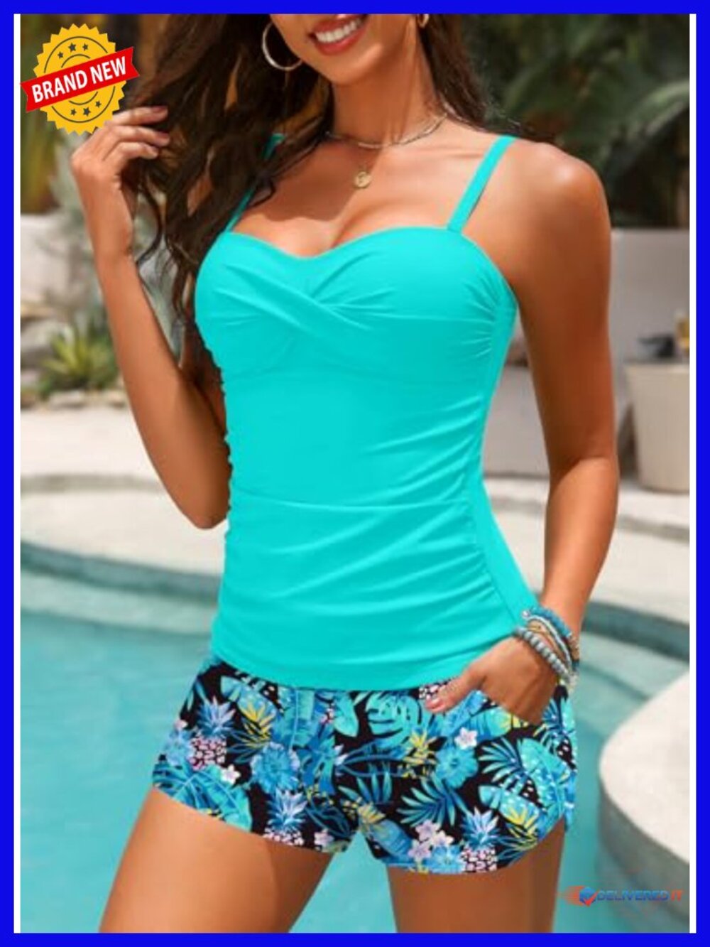 Tankini with Shorts Tummy Control Twist Bandeau Two Piece Swimwear with Pockets - Picture 2 of 6